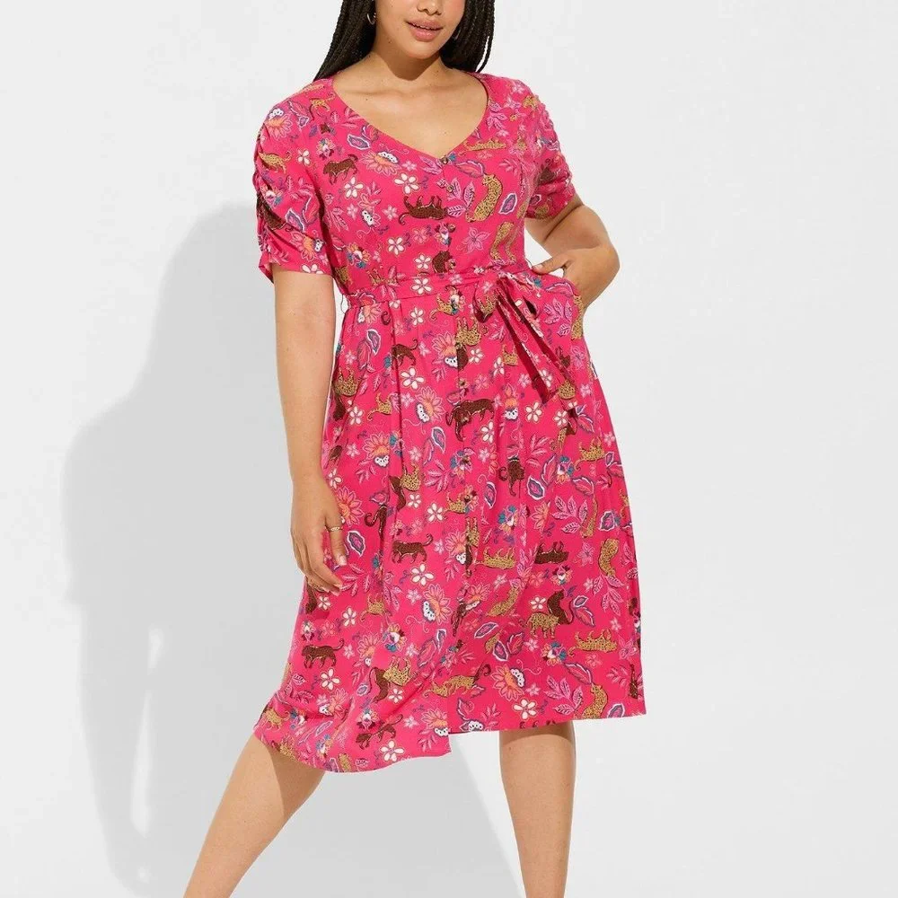 Torrid Dress 0X 1X 2X 4X Pink Leopard Print Button Shirt Midi Pockets Belt Plus
